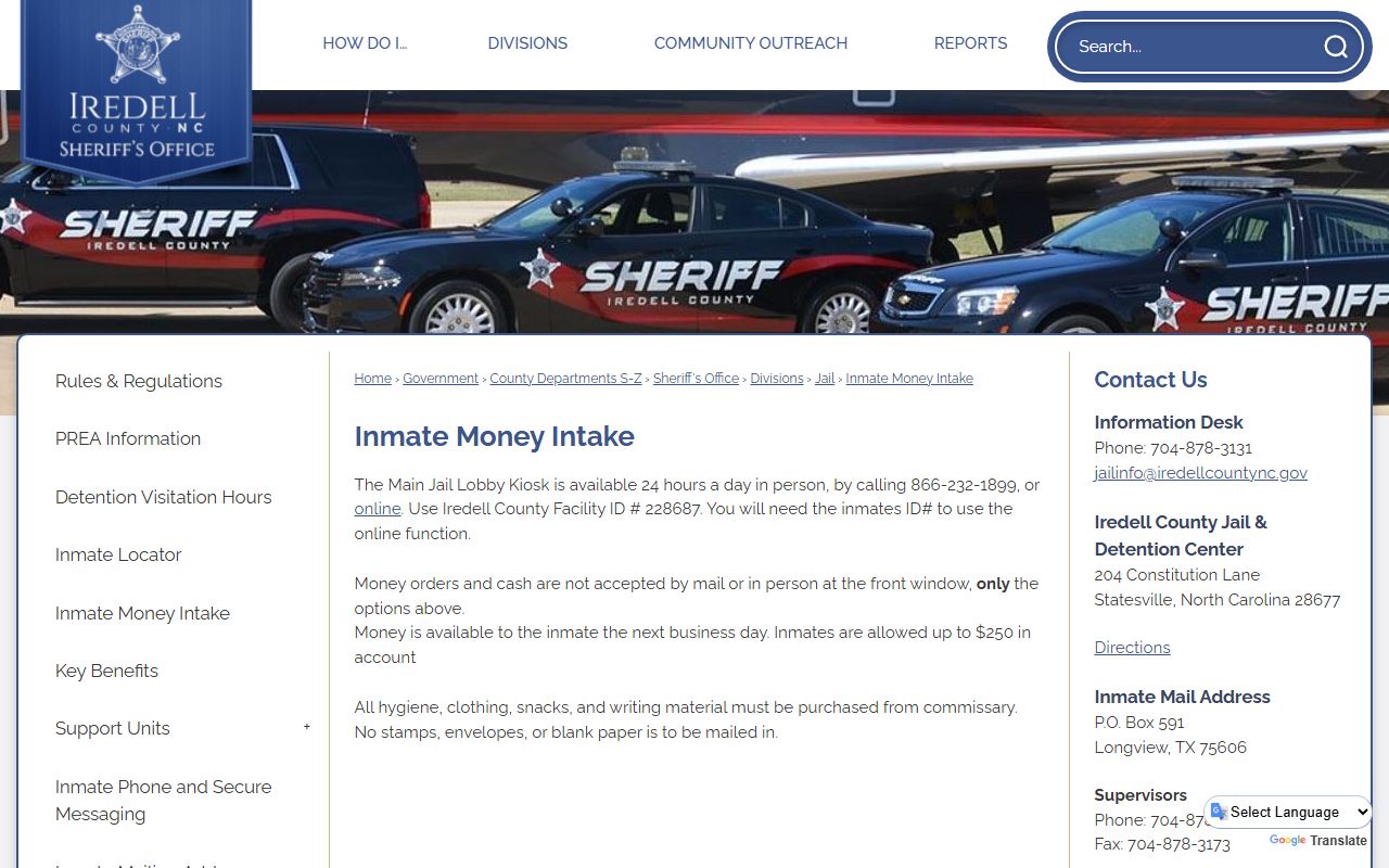 Official Iredell County inmate money deposit instructions and TouchPay facility ID