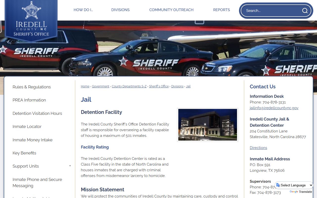 Official Iredell County jail page with facility address capacity and contact details