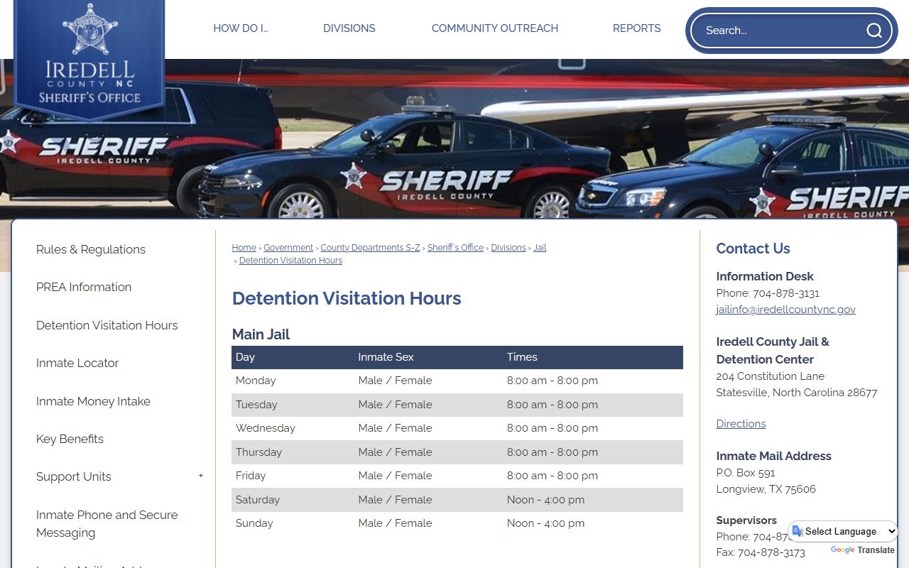 Official Iredell County detention visitation schedule and appointment rules