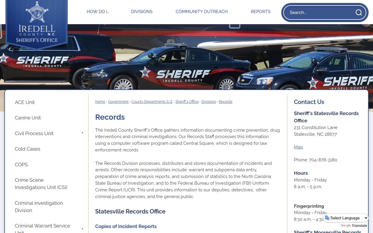 Iredell County Sheriff's Records Division page with office locations and hours