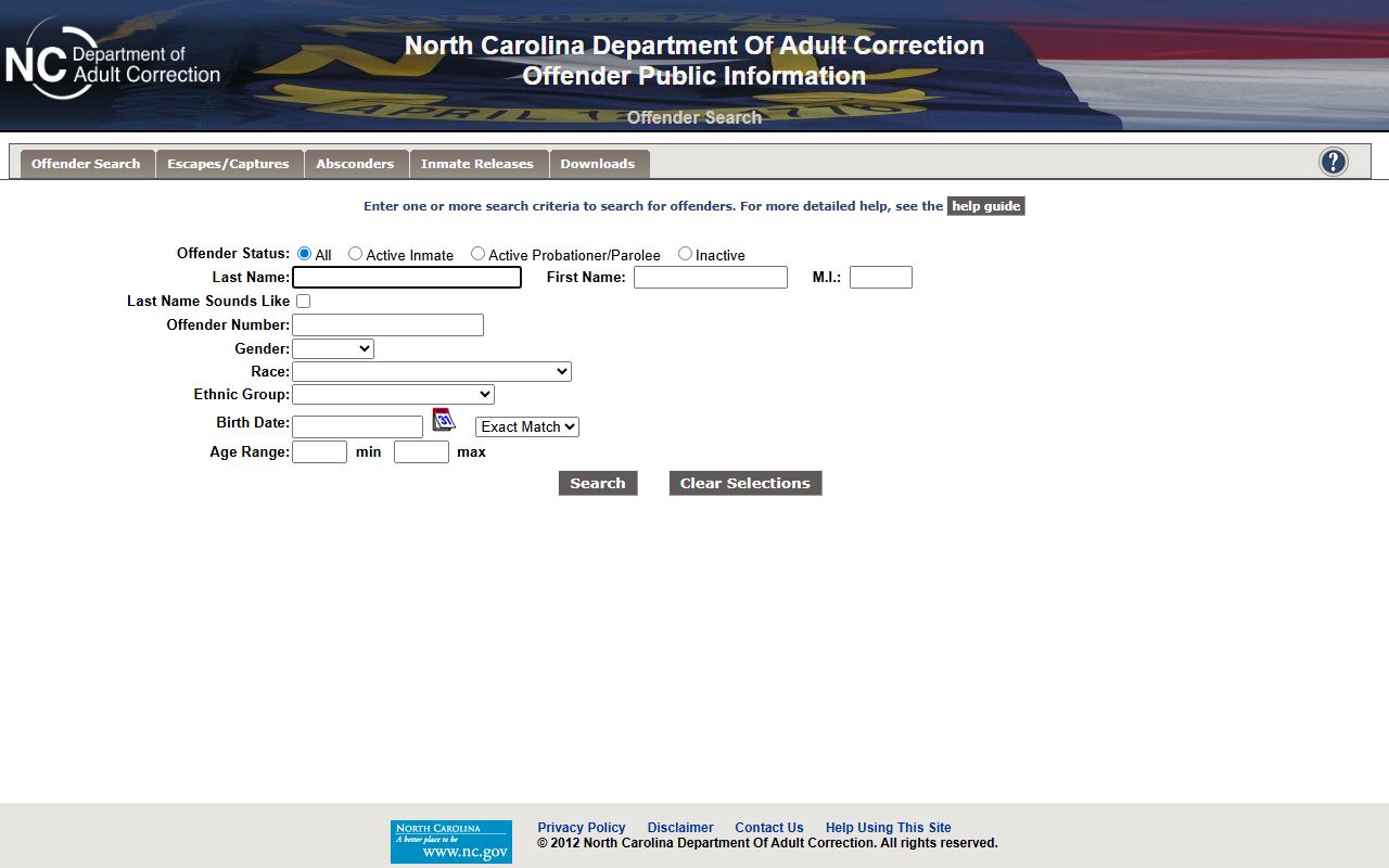 NCDAC offender search fields for North Carolina state prison and supervision records